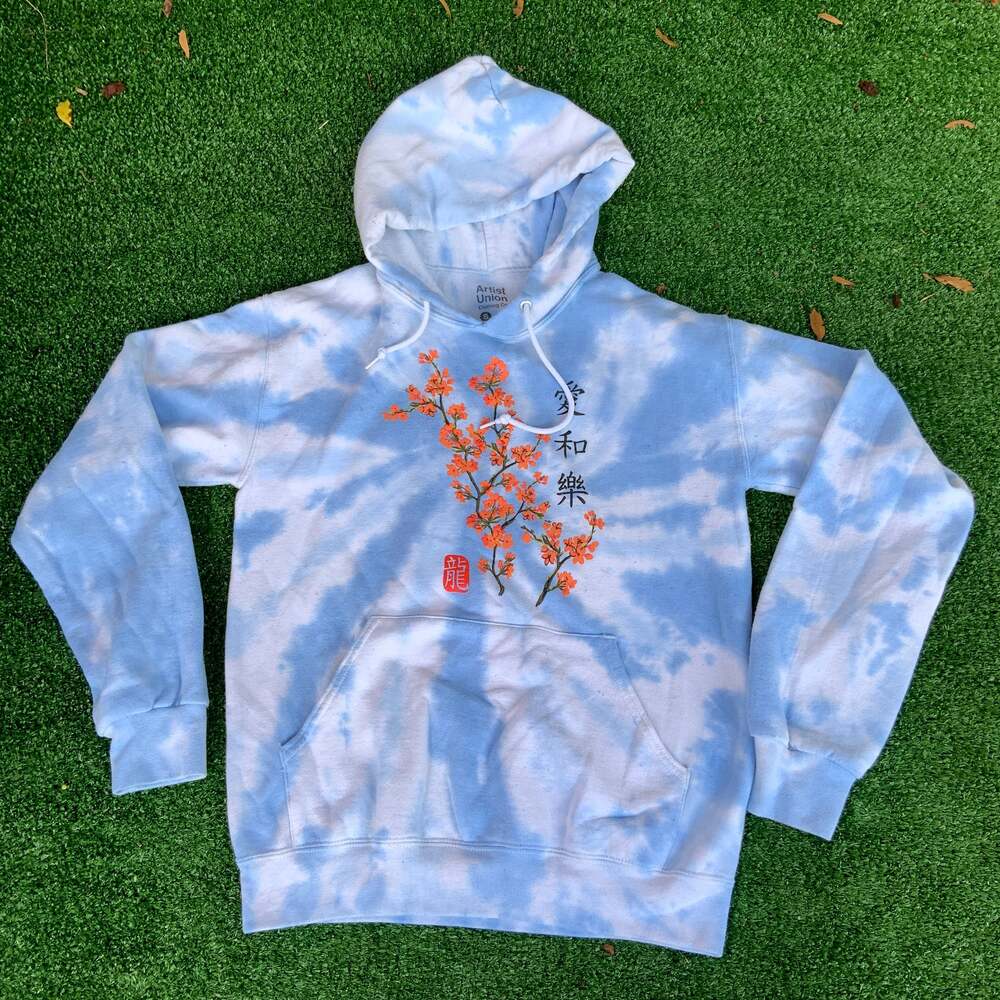 Artist Union Blue Cloud Tie-Dye Hoodie Cherry Blossom Kanji Graphic Size S